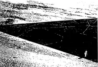 Drawing of two people standing on a black paved surface, a large square with