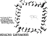 Sketch showing a square outlined by zig-zag emanating rays. Within the square is a world map.