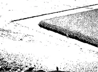 Drawing of two people standing at the corner of an expanse of rubble, piled up to height of the people